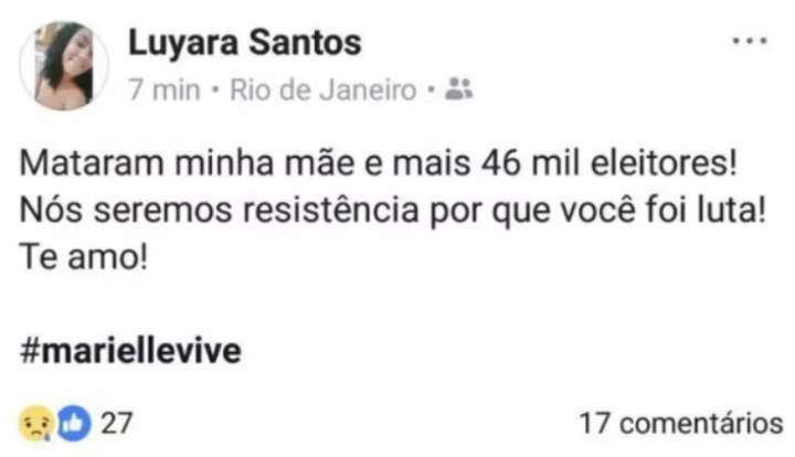 A filha da vereadora falou sobre a morte da mãe em sua conta no Facebook