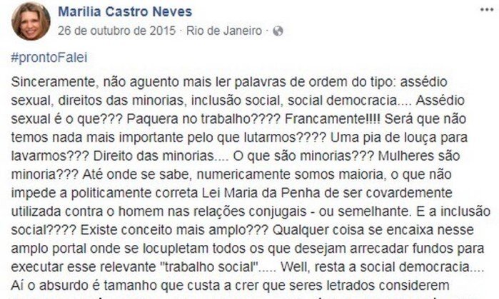 Trecho de postagem feita pela desembargadora Marília Castro Neves