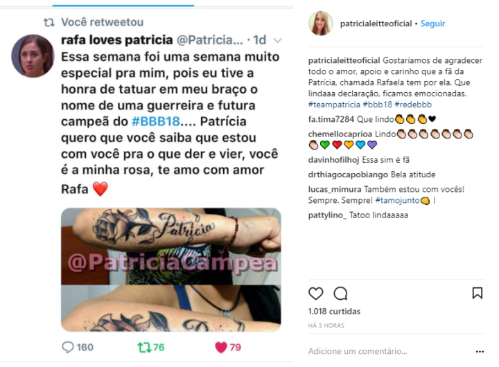 BBB 18: Patrícia é homenageada por fã com tatuagem no braço