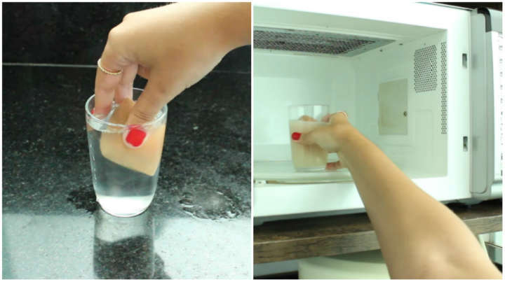 Limpeza de esponja de maquiagem com água e detergente no microondas