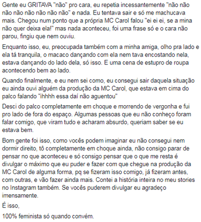 Print do relato da fã de MC Carol