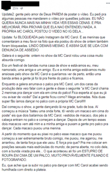 Print do relato da fã de MC Carol