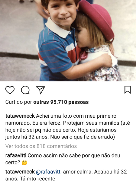 Tatá Werneck posta foto com primeiro namoradinho e Rafael Vitti comenta