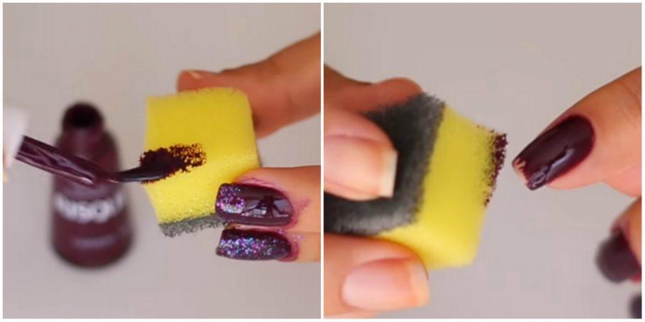 Após disfarçar sua unha borrada com a esponja e o esmalte, não se esqueça de passar uma camada de base (esmalte incolor)