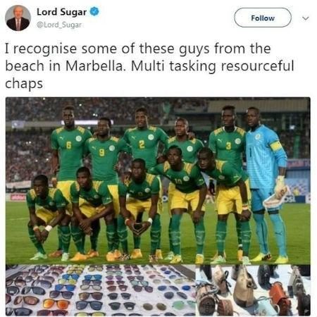 Post racista de Alan Sugar antes de o apresentador deletá-lo