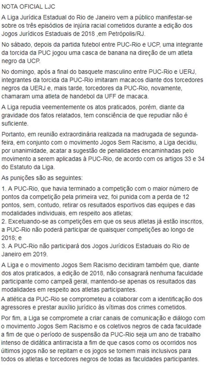 Nota da Liga Jurídica Estadual divulgada nas redes sociais