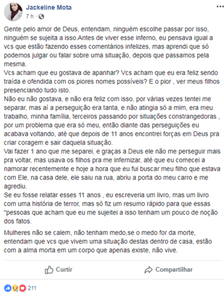 Após repercussão do caso, Jackeline Mota desabafou sobre casos recorrentes de violência durante o casamento de 11 anos com o ex-marido