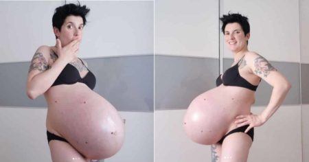 Esse é foi o tamanho que a barriga de Laura ficou durante a gestação dos filhos gêmeos