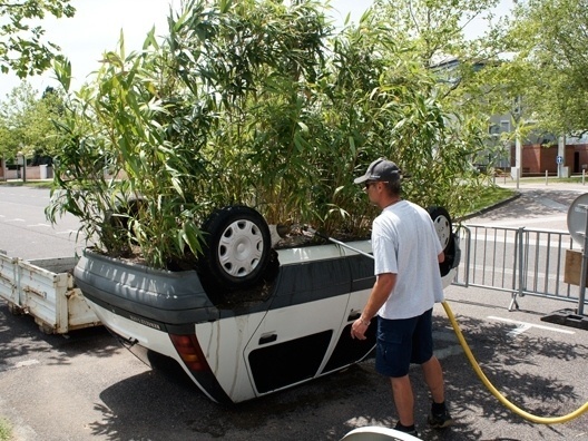 Da série carros transformados, um vaso de plantas (crédito: Reprodução/Instagram/@bufalinobenedetto)