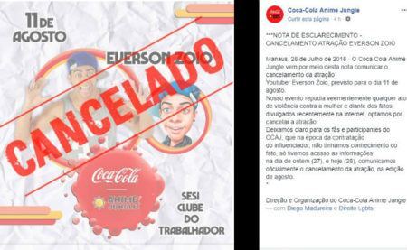 A Coca-Cola cancelou a participação do youtuber no evento Anime Jungle