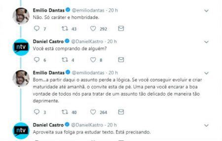 Discussão de Emilio Dantas e Daniel Castro no Twitter