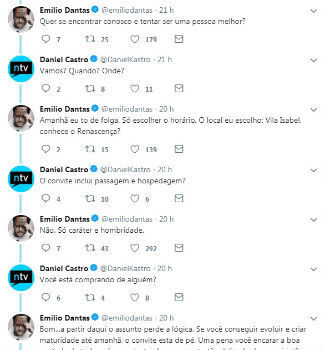 Discussão de Emilio Dantas e Daniel Castro no Twitter