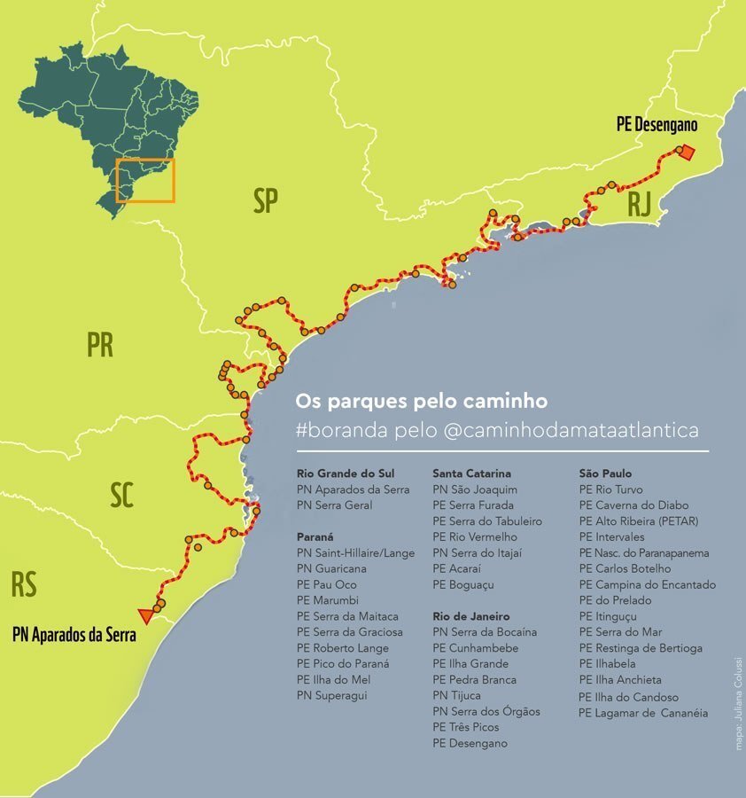 Mapa mostra os parques nacionais e estaduais que estarão na megatrilha que vai ligar o RJ ao RS