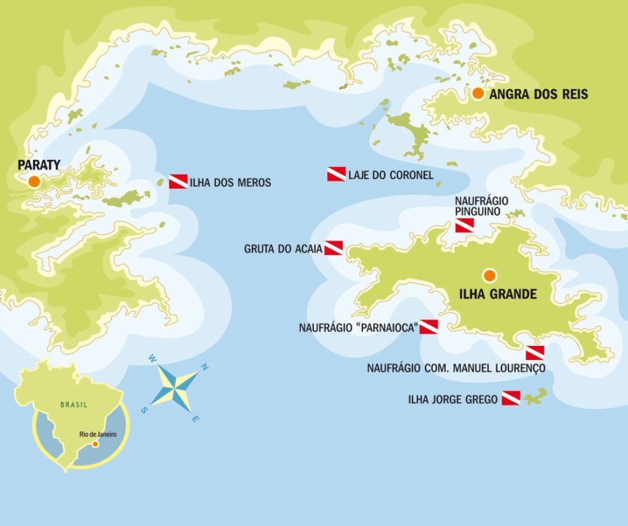 Mapa com os pontos de mergulho em Ilha Grande
