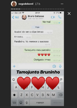 Mensagem de Bruno Gagliasso para Nego do Borel sobre clipe