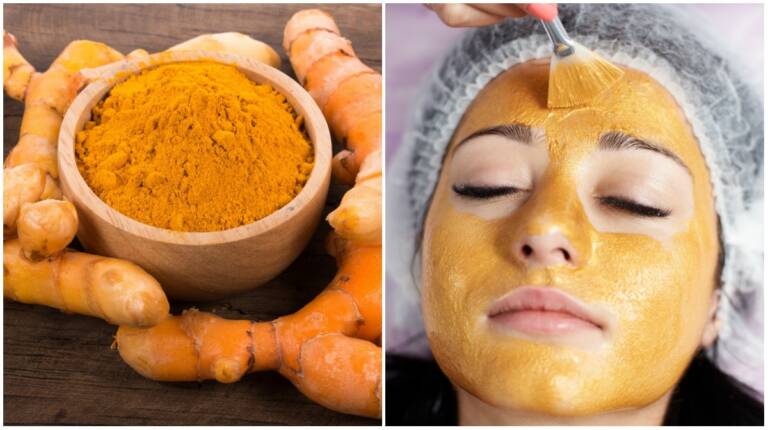 Açafrão em pó e sua raiz, e máscara facial feita com a planta