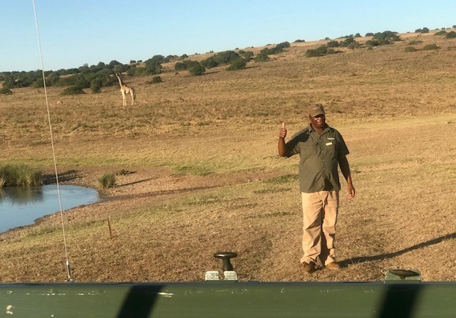 Nosso ranger na Amakhala nos ajudou a ver girafas no lago e até um elefante tomando banho na savana