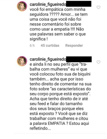 Carolinie Figueiredo rebateu a internauta mais uma vez