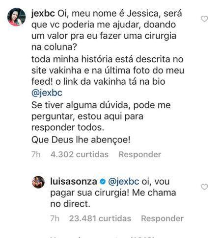 Luisa Sonza em conversa com a fã Jessica no Instagram