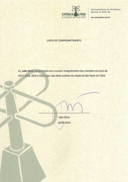 Carta assinada por Dória, à Catraca Livre, se comprometendo a terminar o mandado de quatro anos na Prefeitura de São Paulo