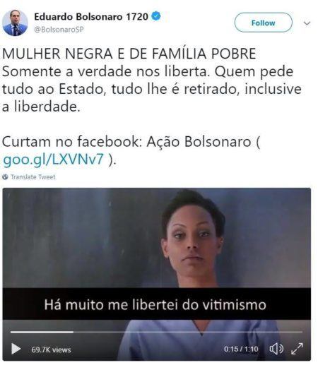 Eduardo Bolsonaro compartilhou vídeo de campanha do Bolsonaro que traz imagem de mulher negra comprada em banco de imagens on-line