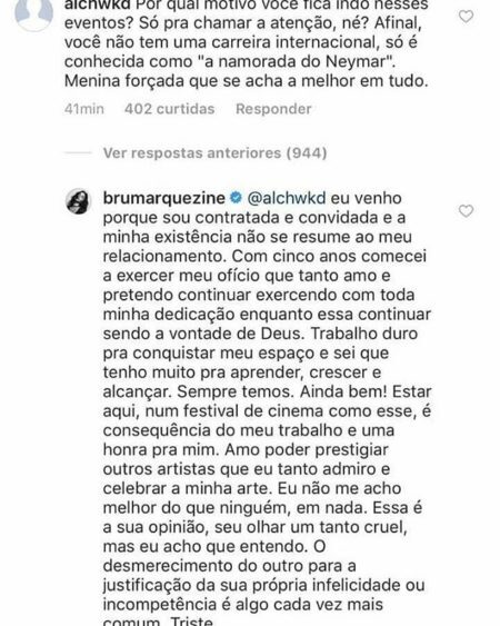 Bruna Marquezine responde seguidor que a resumiu a “namorada de Neymar”
