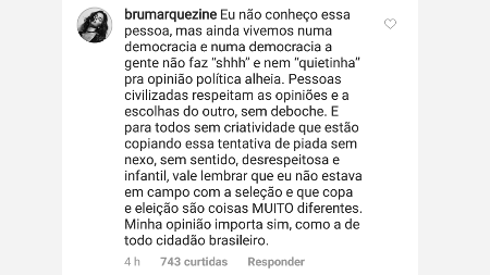 Bruna Marquezine rebate críticas de internauta que desmereceu sua opinião contra o deputado Jair Bolsonaro