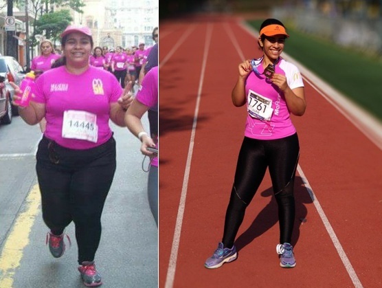foto mostra antes e depois de Aline começar a correr