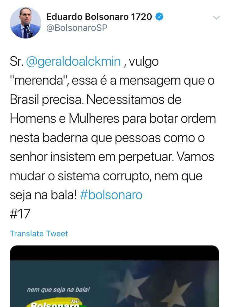 Eduardo Bolsonaro sai em defesa do pai e ataca Geraldo Alckmin