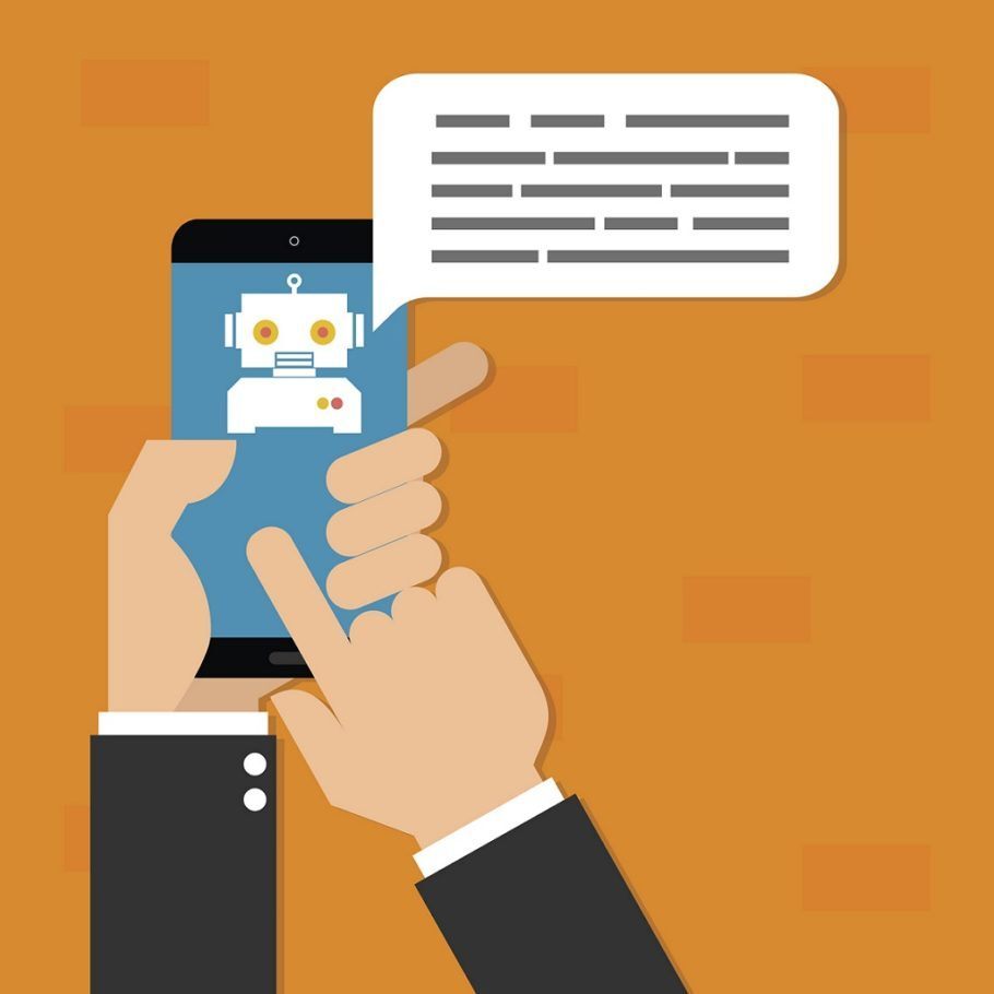 Human hand hold mobile phone with chatbot mobile on orange background.Vector illustration Chatbots AI artificial intelligence technology concept.