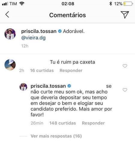 Priscila Tossan é criticada por apresentação e rebate comentários