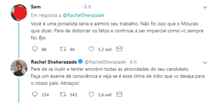 Rachel Sheherazade discute com seguidor que apoia Jair Bolsonaro
