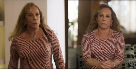 Nana (Arlete Salles) usando dois colares diferentes na mesma sequência de cenas de “Segundo Sol”