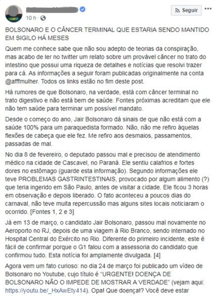 Fake News que circula nas Redes Sociais sobre câncer de Bolsonaro