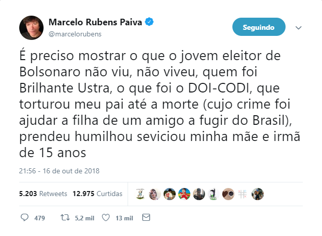 Marcelo Rubens Paiva defende ensinar ao jovem eleitor de Bolsonaro quem foi Ustar