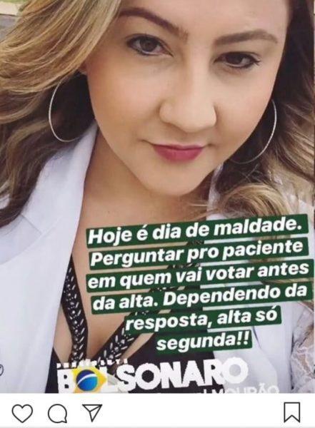 Médica apoiadora de Bolsonaro diz em rede sociais que só dá alta se concordar com voto do paciente