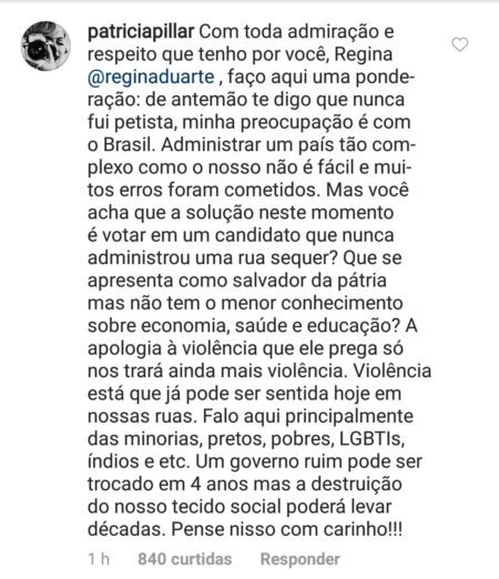 Patricia Pillar questionou posição de Regina Duarte em favor a Bolsonaro