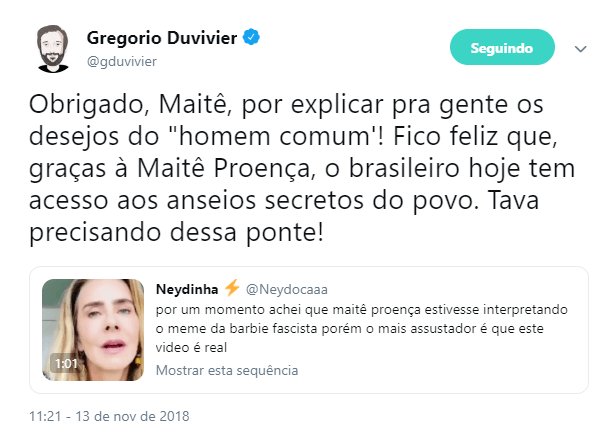 Gregório Duvivier ironiza apoio de Maitê Proença a Bolsonaro