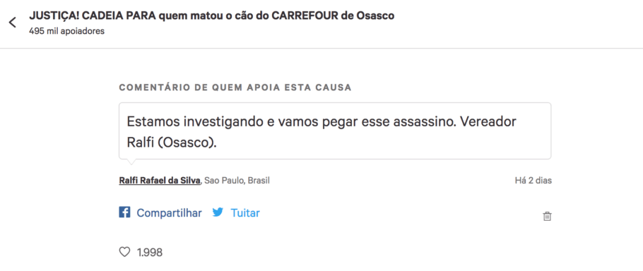 Comentário do vereador de Osasco que promete investigar caso