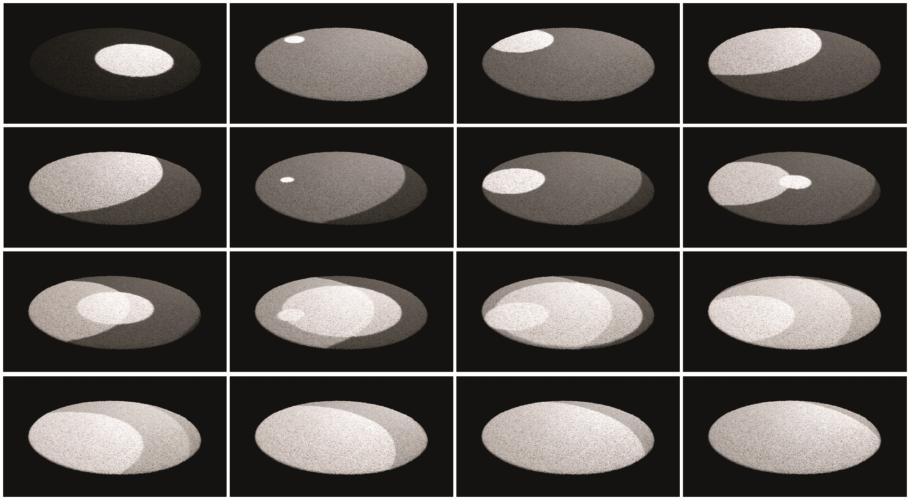 Instalação “Mares da Lua” reproduz manchas vistas na Lua com feixes de luz sobre um piso de pedrinhas brancas