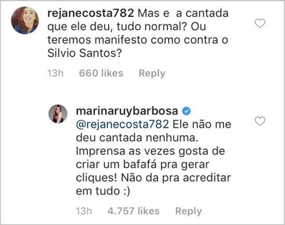 Marina Ruy Barbosa responde seguidora que questionou suposta cantada de Roberto Carlos na atriz