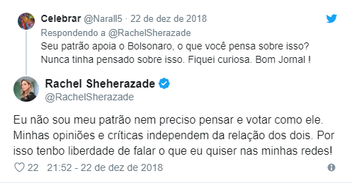Rachel Sheherazade responde internauta sobre apoio de Silvio Santos a Bolsonaro