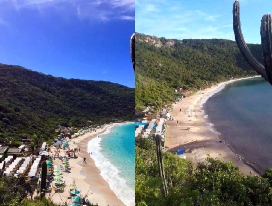 Fotos mostram como era e como ficou a praia do Forno após o rompimento de uma tubulação de água fluvial em Arraial do Cabo
