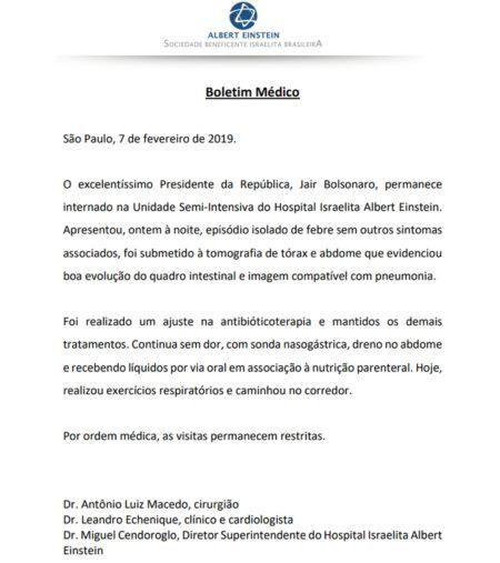 Íntegra do Boletim Médico desta quinta-feira do presidente Bolsonaro
