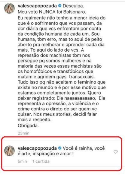 Valesca Popozuda comentou o próprio post nas redes sociais