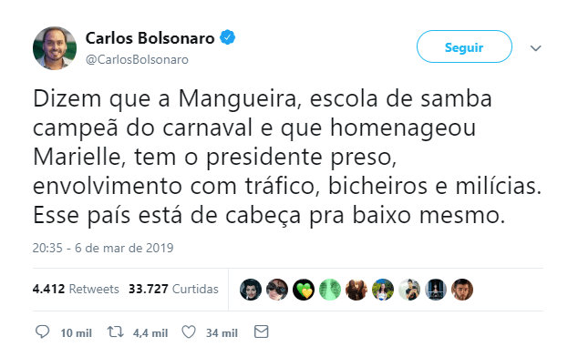 Carlos Bolsonaro tenta menosprezar vitória da Mangueira
