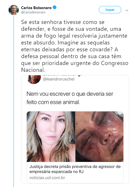 Carlos Bolsonaro defendeu arma para Eliane Caparróz