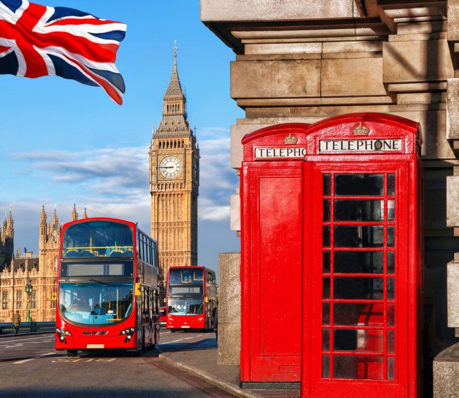 Big Ben, os ônibus de dois andares e as cabines telefônicas, cartões-postais de Londres