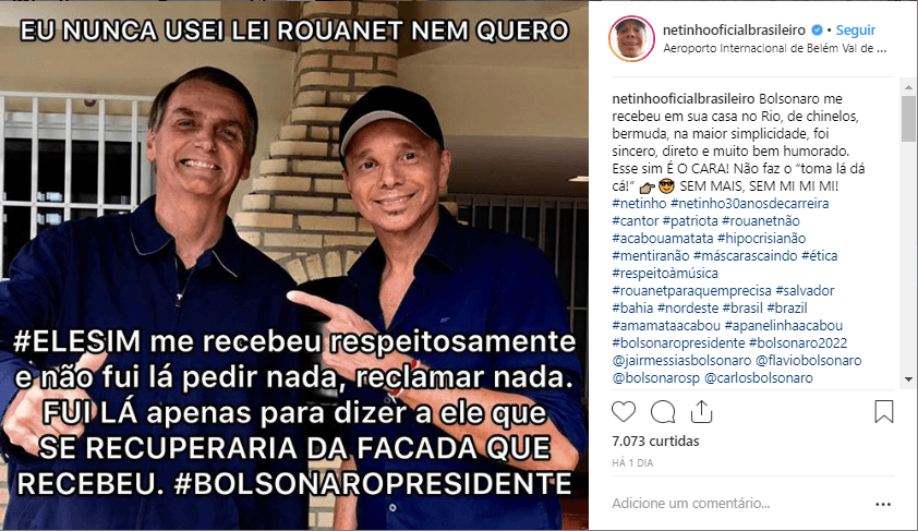 Cantor Netinho sai em defesa de Bolsonaro, cutuca Daniela Mercury, e escuta críticas do autor de “Milla”