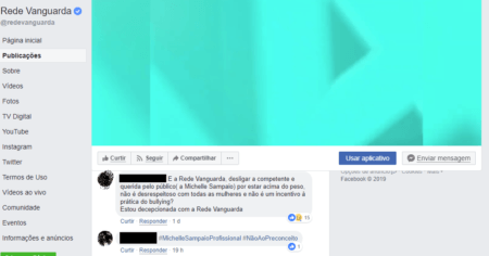 Internautas bombardeiam publicações da TV Vanguarda nas redes sociais com críticas a demissão da jornalista